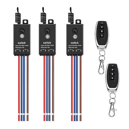 3 Way Mini Remote Control Switch - AC 110V/120V/220V/240V/10A Relay ON/Off With 328FT Long Range for Motor, Lamps, LED Lights, Fans (2 Remote Controls, 3 Receivers)