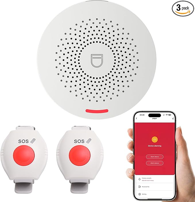 XUK WiFi SOS Caregiver Pager Call Button for Elderly, No Monthly Fee 2.4GHz Wi-Fi APP Control Wireless Nursing Call System with 2 SOS Watch Pagers & 1 Receiver Life Alert Systems for Seniors