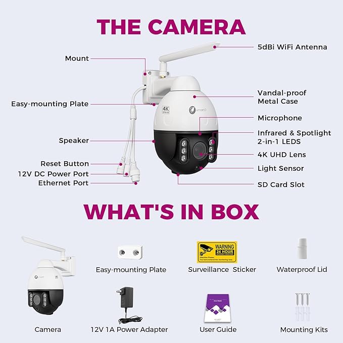 xmartO High-end 4K Wireless WiFi 6 PTZ Security Camera for Home & Business, 24/7 AI Tracking Surveillance, IR Night Vision & Flood Lights, 2-Way Audio Vandal-Proof Metal Dome CAM, View on Apps & NVR