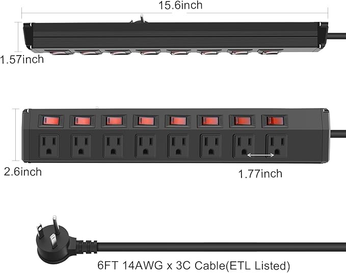 8 Outlet Heavy Duty Power Strip with 8 Individual Switches,Moutable Metal Power Strip Surge Protector 1200 Joules,6FT 14AWG Extension Cord,15A 1800W 125V 60Hz