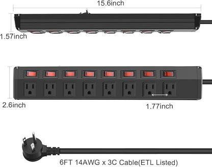 3PCS 8 Outlet Heavy Duty Power Strip with 8 Individual Switches,Moutable Metal Power Strip Surge Protector 1200 Joules,6FT 14AWG Extension Cord,15A 1800W 125V 60Hz