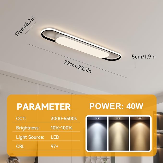 28.3 Inch Smart LED Ceiling Light,40W High Brightness Linear Flush Mount Light Fixture,Dimmable Long Led Ceiling Lamp with Remote Control for Kitchen,Garage,Hallway,Laundry,Study Room.