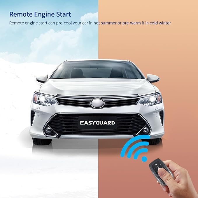 EASYGUARD ec002-T-NS Rolling Code PKE car Alarm System with Passive keyless Entry Remote Start Push Button Start Stop Lock and Unlock Entry Shock Sensor Warning auto Locking Unlocking car Doors