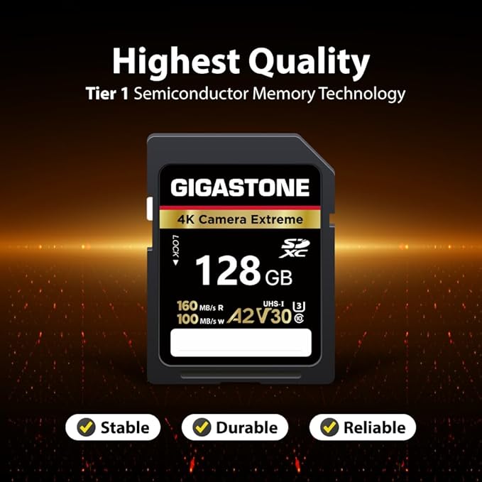 【5-Years Data Recovery】 GIGASTONE 128GB SD Card, 4K Camera Extreme, A2 V30 U3 C10 SDXC Memory Card High Speed, Compatible with Canon Kodak Olympus Digital Camera