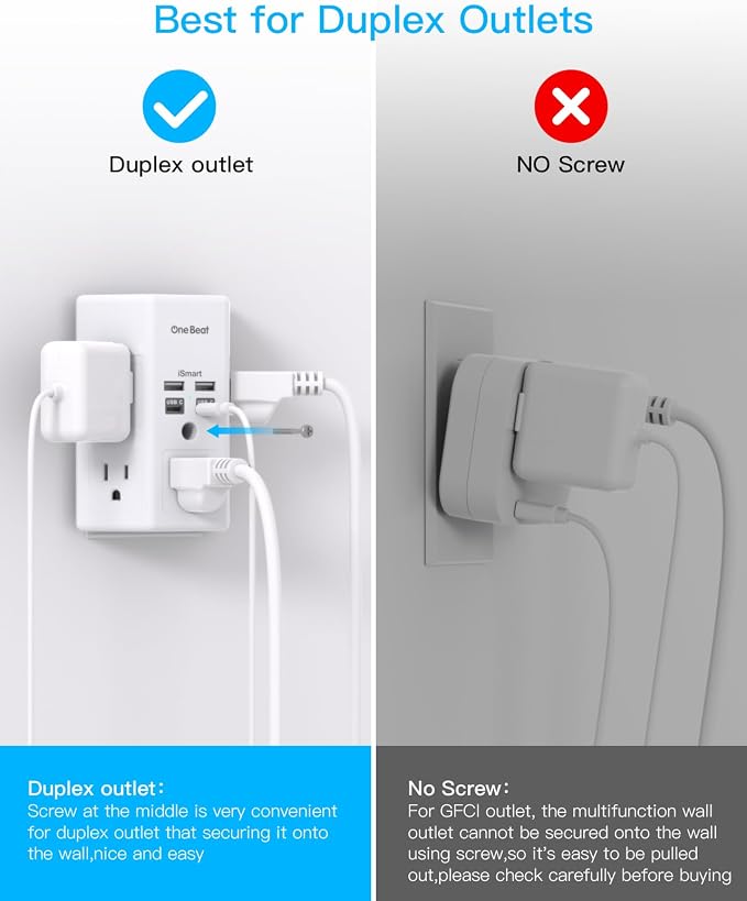 One Beat Surge Protector Wall Outlet Extender, 2 Pack 5 Outlets & 4 USB Ports (2 USB-C), 1680J, 3-Sided Multi Plug Outlet Adapter, Outlet Splitter, Wall Mount, ETL Listed for Home Office Travel-White