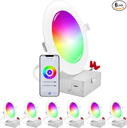 LUXRITE 6 Inch Smart LED Recessed Lighting, RGBW Color Changing, WiFi App and Voice Control, Compatible with Alexa and Google Home, No Hub Required, 13W 1000LM, CRI 90, IC Rated, Wet Rated (6 Pack)