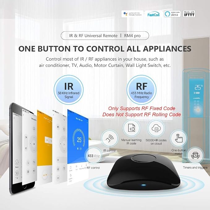 Broadlink Rm4 Pro Universal Remote with Sensor Cable,RF/IR Smart Remote | Fix Code 433MHz RF Smart Remote,38Khz IR Blaster for Home Automation, 2.4G WiFi Smart Home Hub Work with IFTTT