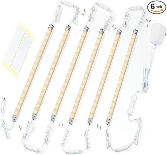 Premium LED Light Strips Kit: 6 x 12 Linkable Bars + Rocker Switch for Warm White Ambient Lighting in Cabinets, Closets, Shelf, Display Case, Showcase Lighting, 3000K Warm White