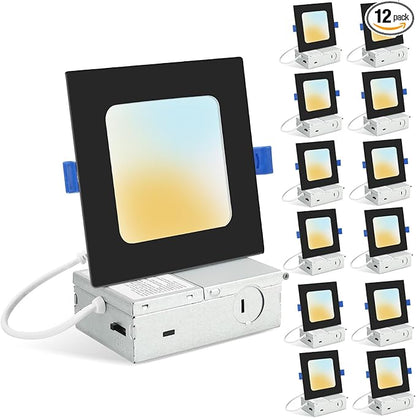 HONZIN 12 Pack 4 Inch Square Recessed Lighting, 5CCT Ultra Thin Square Recessed LED Downlight with Junction Box, 2700K/3000K/3500K/4000K/5000K Selectable, Dimmable,12W, Canless IC Rated, Black Trim