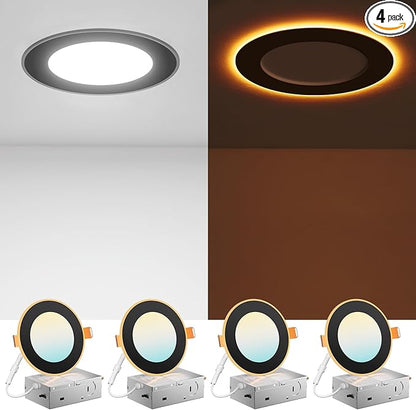 Amico 4 Pack Black 4 Inch 5CCT LED Recessed Ceiling Light with Night Light, 2700K-5000K Selectable Ultra-Thin Recessed Lighting, 10W=90W, 700LM, Dimmable Canless Wafer Downlight ETL&FCC