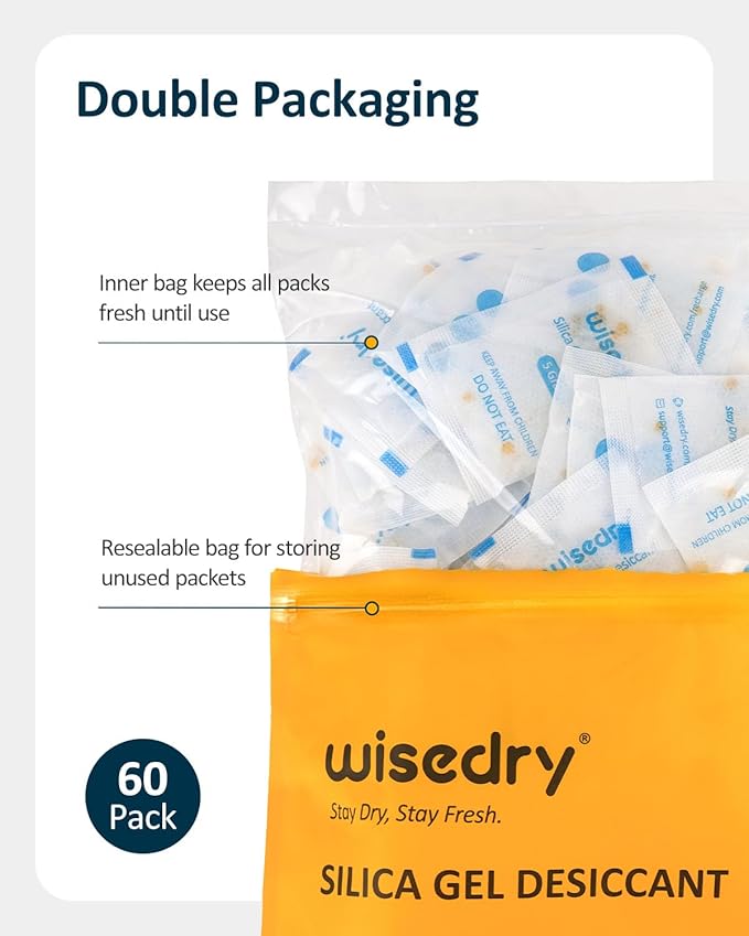 wisedry 5 Gram [60 Packs] Food Grade Silica Gel Packets, Rechargeable Food Safe Desiccant with Color Indicating Beads, Reusable Moisture Absorbers for Food Storage, Electronics, 3D Filament & Safe