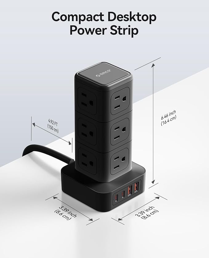 ORICO Tower Power Strip with Surge Protection, Charging Station Tower with 12 AC Outlets 4 USB Ports (2 USB C), Space Saving Design, 5FT Tower Extension Cord for Home, Office, Dorm - TPP20