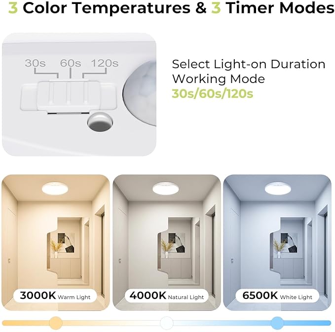 hepside 4 Pack Motion Sensor Ceiling Light Wired, 3000K/4000K/6500K LED Flush Mount Ceiling Light Fixture, 7Inch 15W Motion Sensor Light with Timer for Closet Stair Porch Hallway Pantry,White