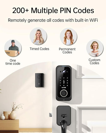 Video Smart Lock with Camera: 4-in-1 Ring+2K Camera+Doorbell+Fingerprint Hornbill Keyless Entry Door Lock, Built-in WiFi Deadbolt(only 2.4G), Two-Way Audio/App Remote Control/PIR, No Monthly Fee