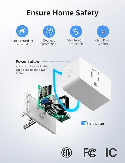 Lepro P1 Smart Plug Mini 15A, Smart WiFi Bluetooth Outlets Work with Alexa & Google Assistant, Voice/APP Control, Safety Lock, Schedule & Group Controller, 2.4G WiFi Only, ETL & FCC Certified, 4-Pack