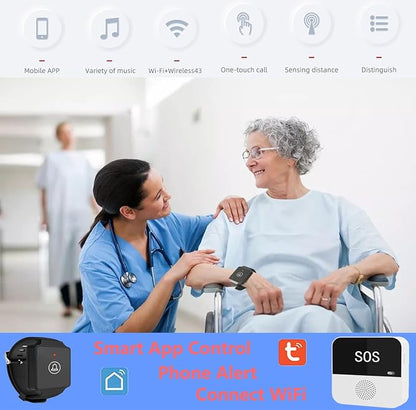 WiFi Caregiver Call Button System Smart App Alert Wrist Pager Emergency Call Button Personal Help Device for Elderly Patients (1 Bracelet + 1 Receiver)