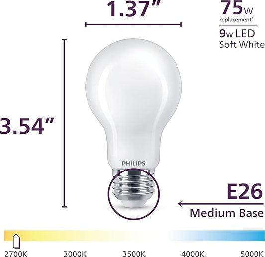 Philips LED 75W A19 8-Pack Ultra Definition Soft White (2700K) 1100 Lumen (9W = 75W) Dimmable Frosted Flicker-Free Light Bulbs