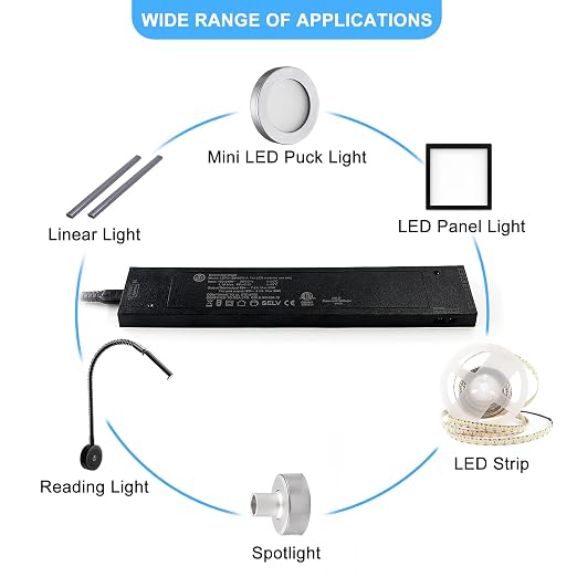 VST 90W LED Power Supply, 100V-240V AC to 12V DC Low Voltage Transformer with 12V JST Ports, Durable Cabinet Light Power Adapter, ETL Listed, Black