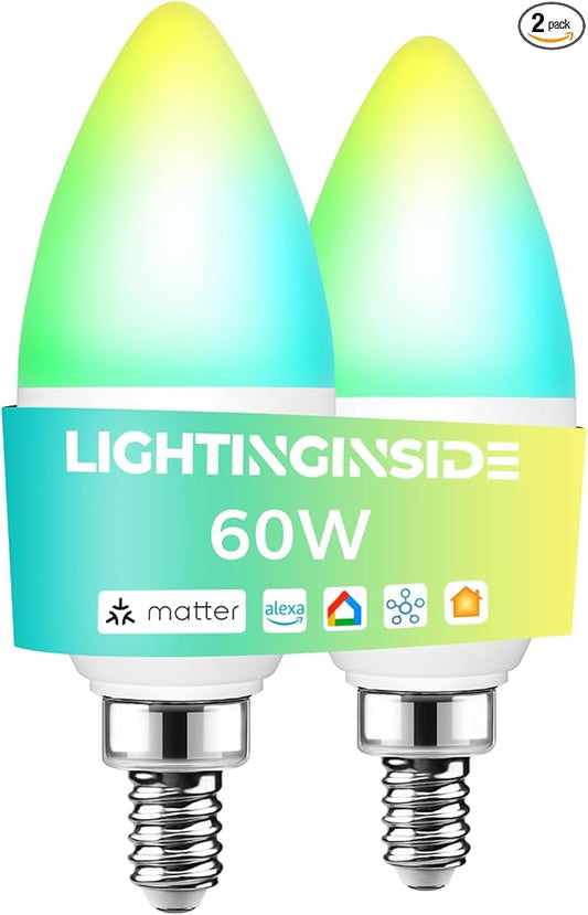 Lightinginside Matter-Enabled E12 Smart Light Bulbs 60W Equivalent, Candelabra Light Bulbs Compatible with Alexa/Apple Home/Google Home/SmartThings, RGBCW, 2.4G WiFi, ETL Listed, Hub Required, 2PCS