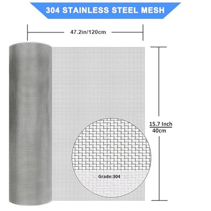 304 Stainless Steel Mesh Screen#100Mesh -Size:15.7"x47.2"(40x120cm), for Home, Garden and Farm. Window or Door Filter, Guards Against Pests Like Mice, Snakes, and Rodents. Easy to Cut and Install