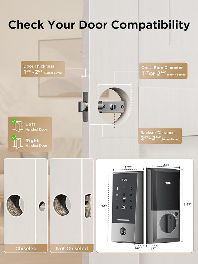 TCL Wi-Fi Smart Lock D2, Keyless Entry WiFi Door Lock with Key Fob, Built-in Doorbell, Touchscreen Keypad, App Remote Control, Easy Installation, No Bridge Required, Auto Lock (Brushed Nickel)