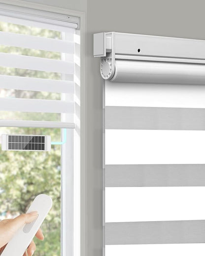 No Drill Motorized Zebra Blinds with Remote,Cordless Shades Dual Layer,Thermal Insulated Upgraded Shades(White,25.5" W x 72" H)