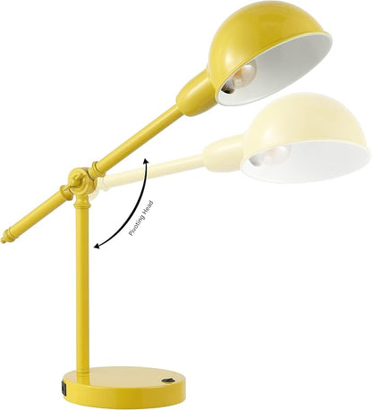 JONATHAN Y 20.25" Yellow Vintage Industrial Iron Adjustable Task Lamp with USB Charging Port for Office Desk, Metal Yellow Dome Shade, LED Bulb Included (JYL7123C)