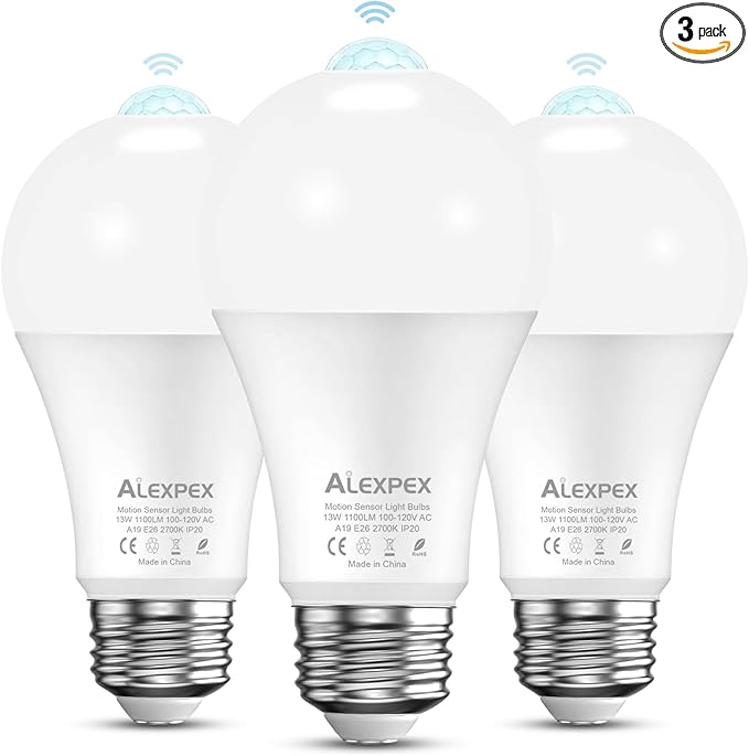 3 Pack Motion Sensor LED Bulbs, 13W 1100lm Dusk-Dawn Lights, A19 E26 2700K Indoor LED Lighting, Motion Activated for Porche, Hallway, Storage Room, Entryway, Closet-100W Equivalent Warm White