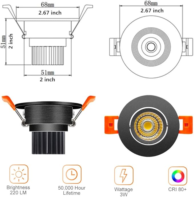 LightingWill 2inch LED Dimmable Downlight, 3W COB Recessed Ceiling Light, Daylight White 5500K-6000K, CRI80, 25W Halogen Bulbs Equivalent, Black (4Pack)