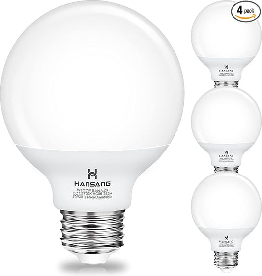 G25 LED Globe Light Bulbs, Bathroom Vanity Light Bulbs E26 Base Warm White 2700K for Bedroom Makeup Mirror Lights, 60W Equivalent(5W), 500LM Non-dimmable,4Pack