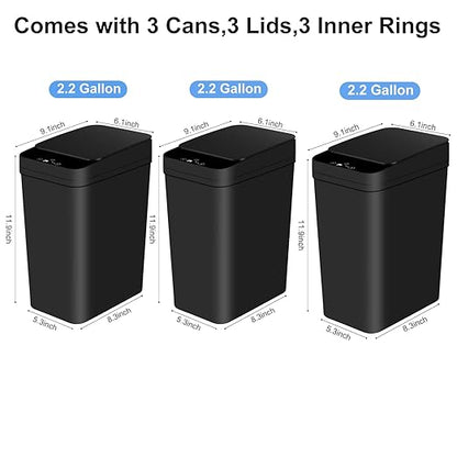Anborry Bathroom Automatic Trash Can 3 Pack 2.2 Gallon Motion Sensor Touchless Small Slim Garbage Can with Lid Smart Electric Narrow Garbage Bin for Bedroom Living Room Office Kitchen (Black)