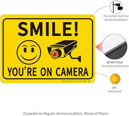 Sheenwang 2-Pack Smile You’re on Camera Sign, Video Surveillance Signs Outdoor, UV Printed .040 Mil Rust Free Aluminum 10 x 7 in, Security Camera Sign for Home, Business, Driveway Alert, CCTV