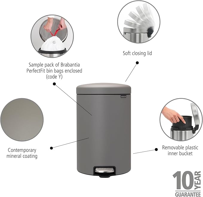 Brabantia Step-On Trash Can | Mineral Concrete Gray | 5.3 Gallon / 20L | Bathroom, Bedroom, Office Trash Can, Light Pedal, Handle & Removable Inner Bucket | 9.9 x 13.3 x 16.2 | + Trash Bags
