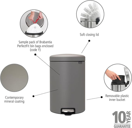 Brabantia Step-On Trash Can | Mineral Concrete Gray | 5.3 Gallon / 20L | Bathroom, Bedroom, Office Trash Can, Light Pedal, Handle & Removable Inner Bucket | 9.9 x 13.3 x 16.2 | + Trash Bags