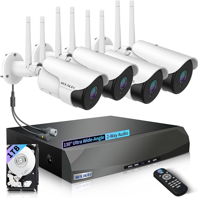 WEILAILIFE 【2-Way Audio & Dual Antenna Enhanced】 90ft Night Vision Outdoor Wireless Security Camera System, Wireless Surveillance Camera System, WiFi Video Surveillance, Home Security Cameras