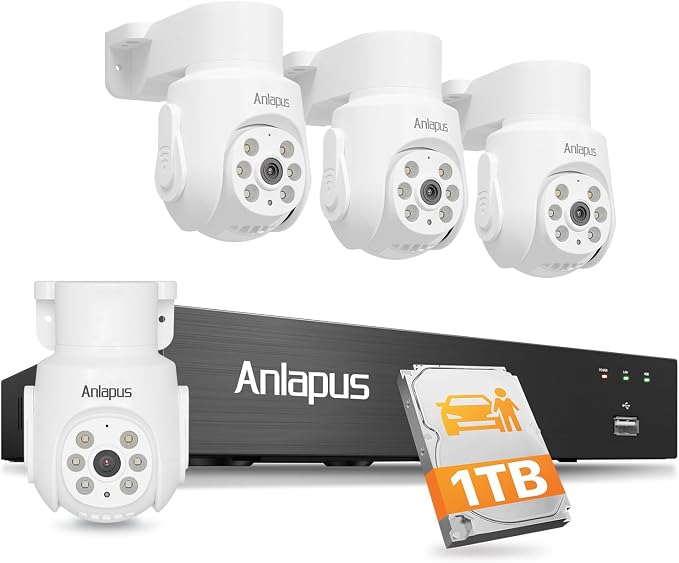 Anlapus 5MP Home Security Camera System, 4pcs 3K Pan Tilt Cameras, 1TB HDD