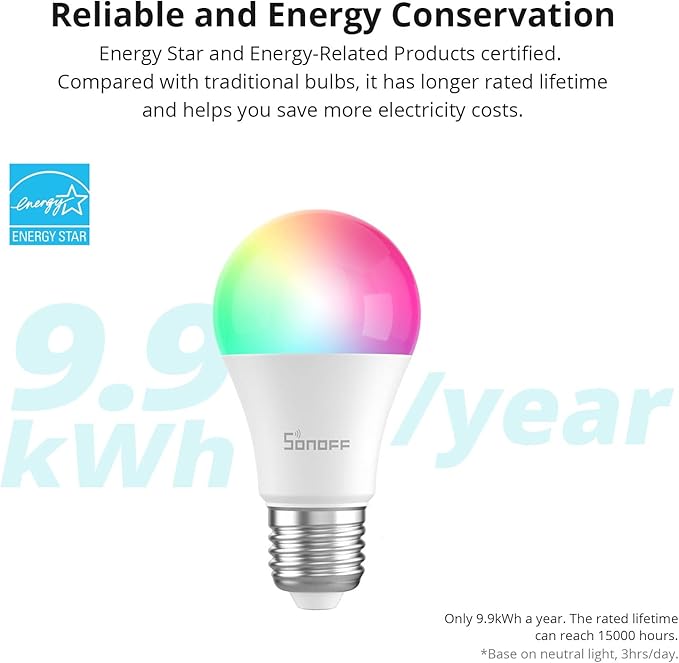 SONOFF B05-BL-A19 Wi-Fi Smart RGB Bulb 9W Variable Color, 2700K - 6500K Brightness Adjustable Color Temperature, APP Remote Control, Can Work with Alexa and Google Assistant (1 Pack)