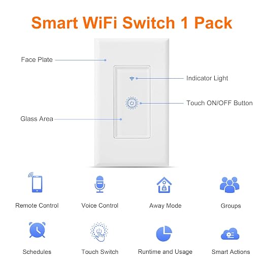 Upgraded Smart Light Switch WiFi Switch Touch Wall Switch 1 Gang | Compatible with Alexa Google Home (Turn On/Off Indicator Light )
