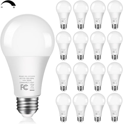 16-Pack Dimmable Light Bulbs - 100W Equivalent, A19 LED Bulbs 1500LM, Warm White 3000K, No Flicker, E26 Base for Kitchen, Bedroom, Office