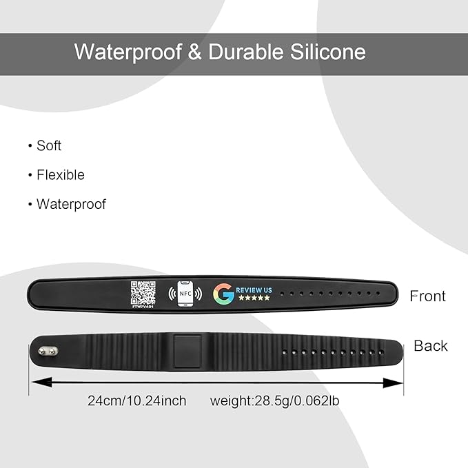 Smart NFC Social Media Wristband – Silicone QR Bracelet for Facebook, Instagram & Google Reviews | Waterproof | Lifetime Link Update | Analytics Dashboard (NFC-WB-GOOG-BLK-V1)
