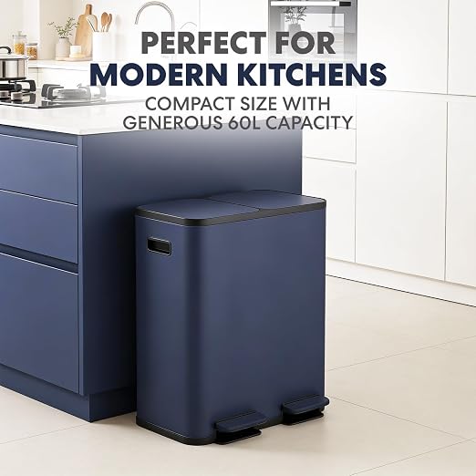 Simpli-Magic 60 Liter / 16 Gallon Rectangular Hands-Free Dual Compartment Recycling Kitchen Step Trash Can with Soft-Close Single Lid, Stainless Steel (30L x 30L Capacity) Blue