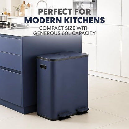Simpli-Magic 60 Liter / 16 Gallon Rectangular Hands-Free Dual Compartment Recycling Kitchen Step Trash Can with Soft-Close Single Lid, Stainless Steel (30L x 30L Capacity) Blue