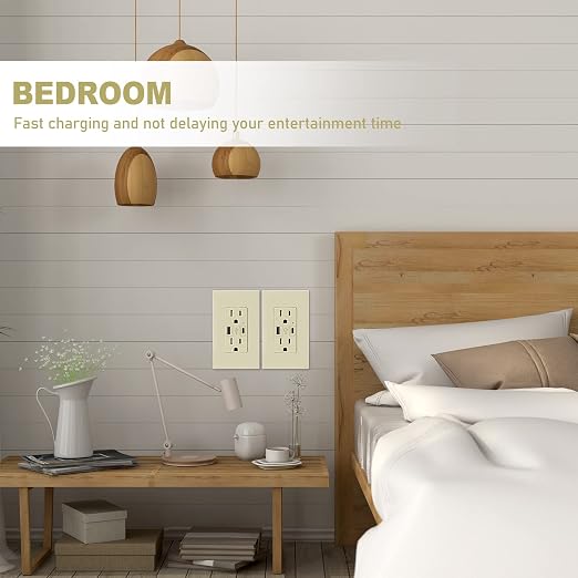 Micmi Ivory USB Outlet with C + A Wall Dual High Speed Receptacle Smart 4.8A Fast Charging Capability, 15 Amp 125Volt, Tamper Resistant Wall Plate Included UL Listed (10Pack, Ivory, 15 Amp Outlet)