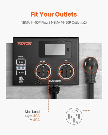 VEVOR NEMA Splitter for Dryer and EV, 3-Color LED Indicator, 240V Smart Power Distribution, with NEMA 14-50 Plug, Two NEMA 14-50 Outlets, 3.4 in LCD Screen, Max 40A Dryer EV, Tested to ETL Standard