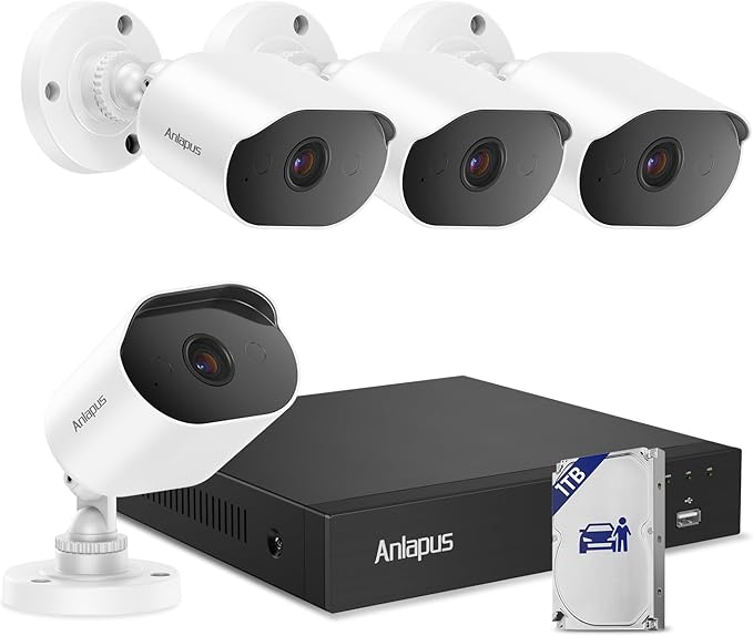 Anlapus 4K Security Camera System, AI Human Vehicle Detection, 4pcs 8MP Wired Indoor Outdoor CCTV Cameras, Night Vision, Audio Recording, H.265+ 8CH DVR with 1TB Hard Drive for 24/7 Home Surveillance