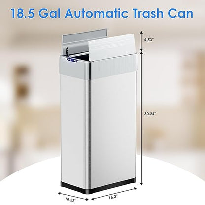 TLSUNNY 18.5 Gallon Automatic Trash Can, Stainless Steel Motion Sensor Garbage bin, Smart Trash Can W/Butterfly Lid, Bag Retainer Ring and Display Light for Living Room,Kitchen,Office (Silver, 70L)