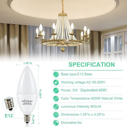 comzler E12 LED Bulb Candelabra Base, Type B LED Bulb 60 Watt Equivalen 4000K Natural Daylight B11 Small Base, Chandelier Ceiling Fan LED Light Bulbs 500 Lumens No-Dimmable Pack of 6
