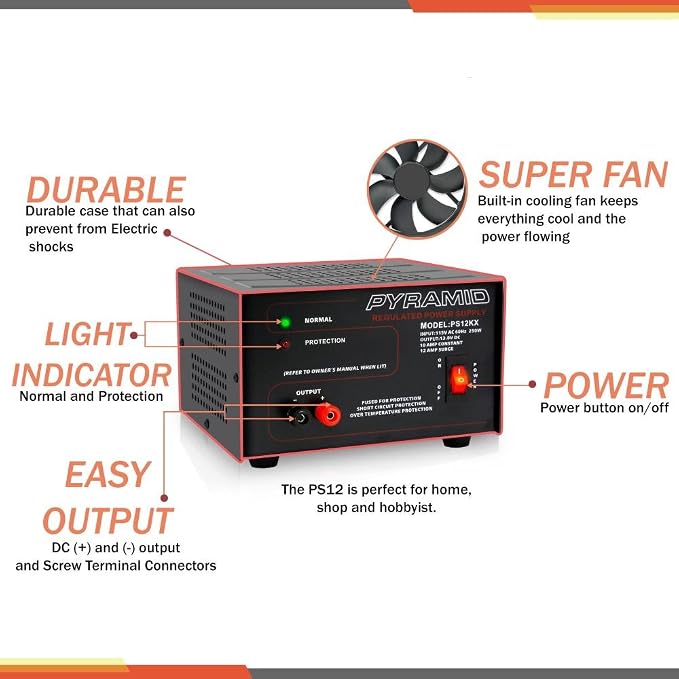 Pyramid Bench Power Supply | AC-to-DC Power Converter | 10 Amp Power Supply (PS12KX)