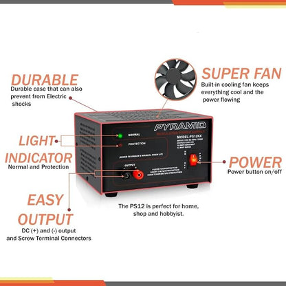 Pyramid Bench Power Supply | AC-to-DC Power Converter | 10 Amp Power Supply (PS12KX)