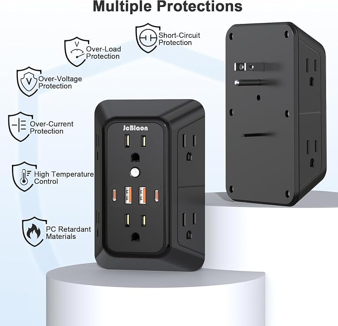 JcBlaon 3 Pack Outlet Extender Surge Protector, 6 Outlet Splitter with 4 USB Ports (2 USB C),1050J 3-Sided Multi Plug Wall Outlet, USB Wall Charger for Home Office Kitchen Travel（Black）-ETL